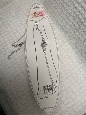 Silver Hamsa Evil Eye Paper Clip Chain Ankle Bracelet & Adjustable Toe Ring